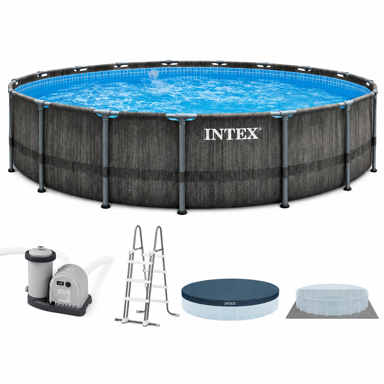 Piscină Intex 26744NP Prism Frame Premium Set Grey Wood, 549×122 cm, 24.300 L
