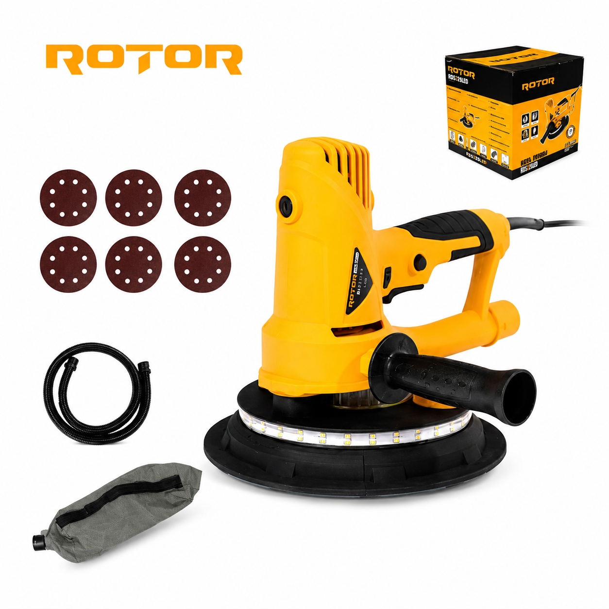 Mașină de șlefuit pereți și tavane ROTOR RGS180B, 750 W, disc 180 mm, aspirator încorporat și iluminare LED