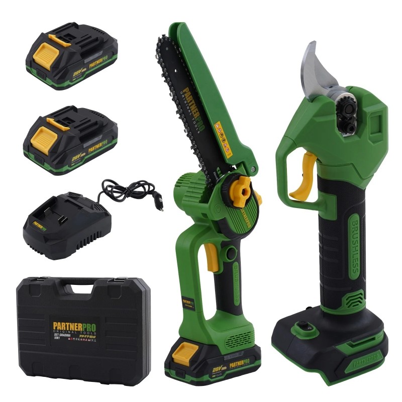 Set de grădină cu acumulator PARTNERPRO PP-FF 5 IN 1, 20 V, Brushless, tăiere 25 mm pentru ramuri verzi / 20 mm pentru lemn mai dur