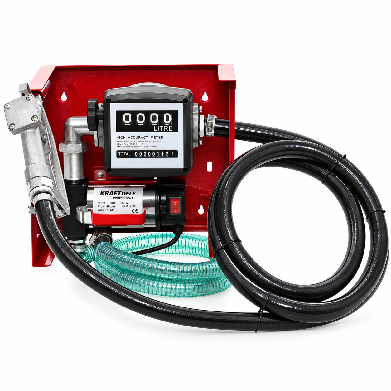Pompă de transfer motorină KraftDele KD1164, 375 W, 230 V, 40 L/min, 3 bar, cu contor