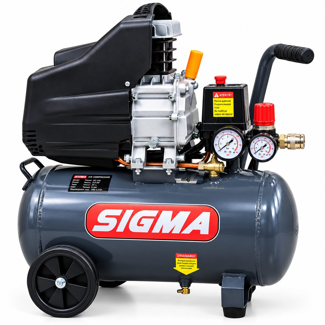 Compresor de aer cu ulei SIGMA D047-BM50, 50 L, 1500 W, 205 l/min, 8 bar